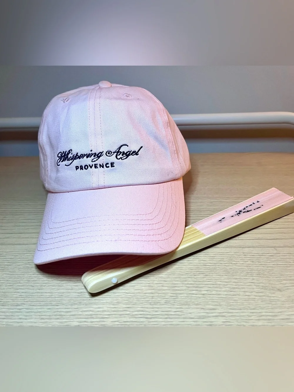 Whispering Angel Rosé Soft Pink Embroidered Hat & Hand Fan Set NWOT